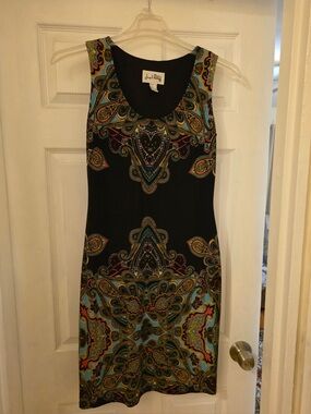 Joseph Ribkoff Black Midi Dress with Teal, Gold & Pink Paisley